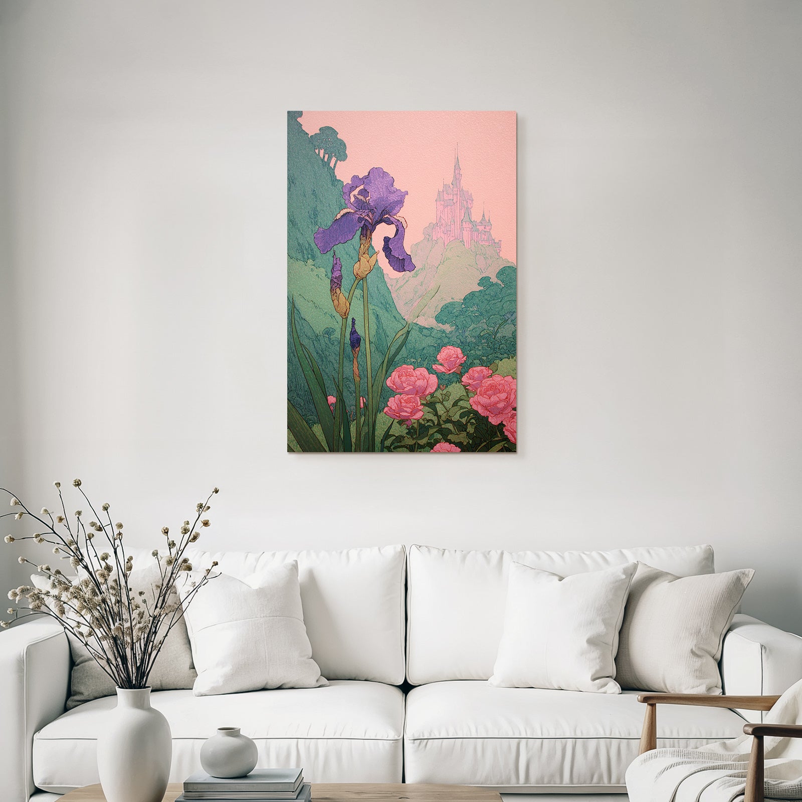 Verzauberte Landschaft Mit Iris Und Rosen Und Einem Fernen Schloss