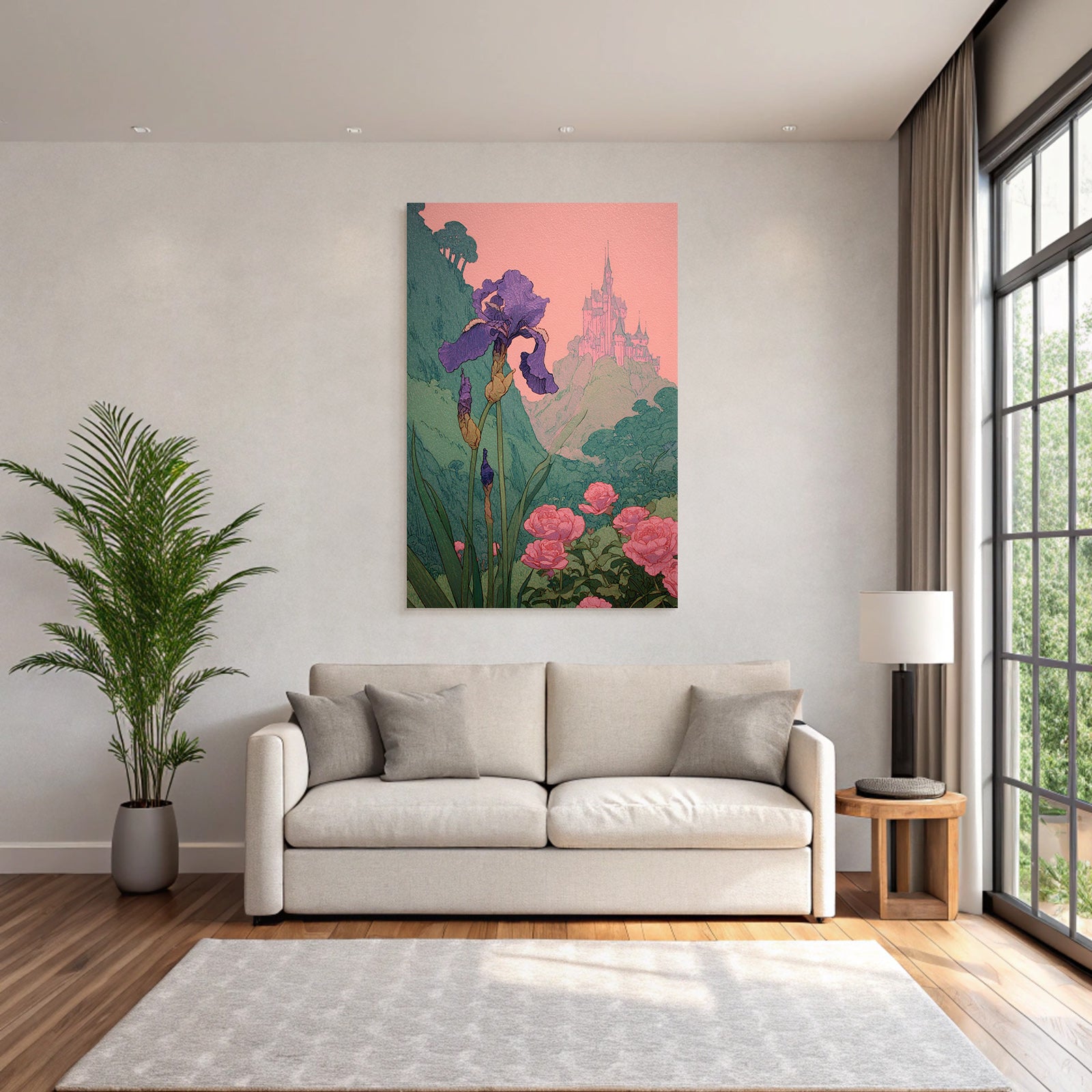 Verzauberte Landschaft Mit Iris Und Rosen Und Einem Fernen Schloss