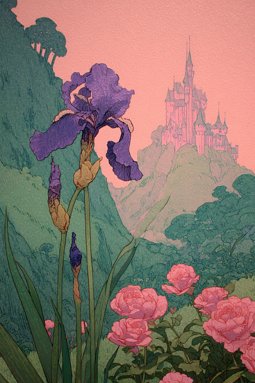 Verzauberte Landschaft Mit Iris Und Rosen Und Einem Fernen Schloss | Jugendstil | Stilrichtungen