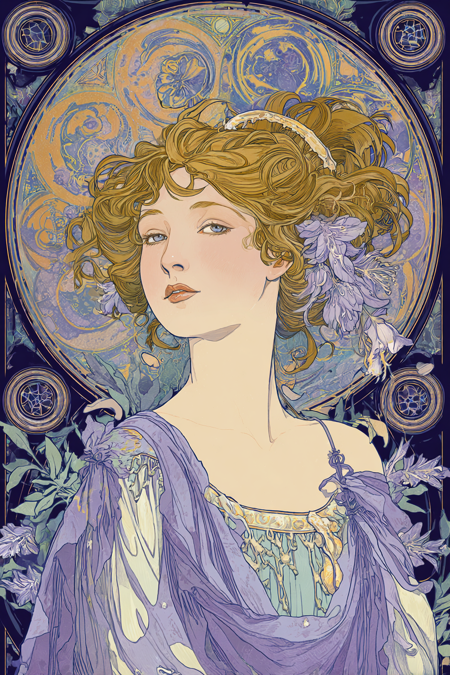 Dame Mit Fliessendem Haar Und Verspielten Blumenmustern | Jugendstil | Stilrichtungen