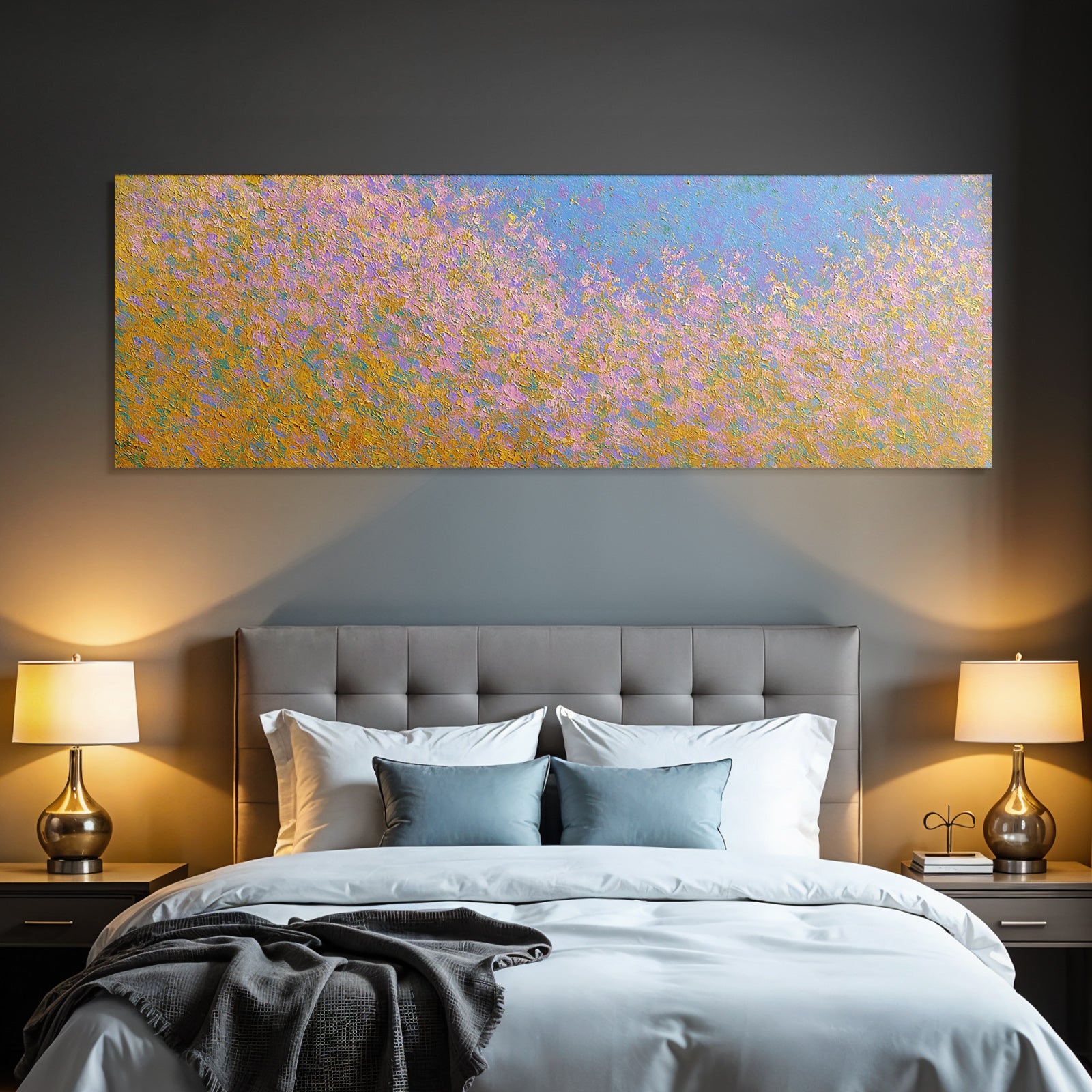 Abstraktes Gemälde In Pastellrosa Blau Und Gold