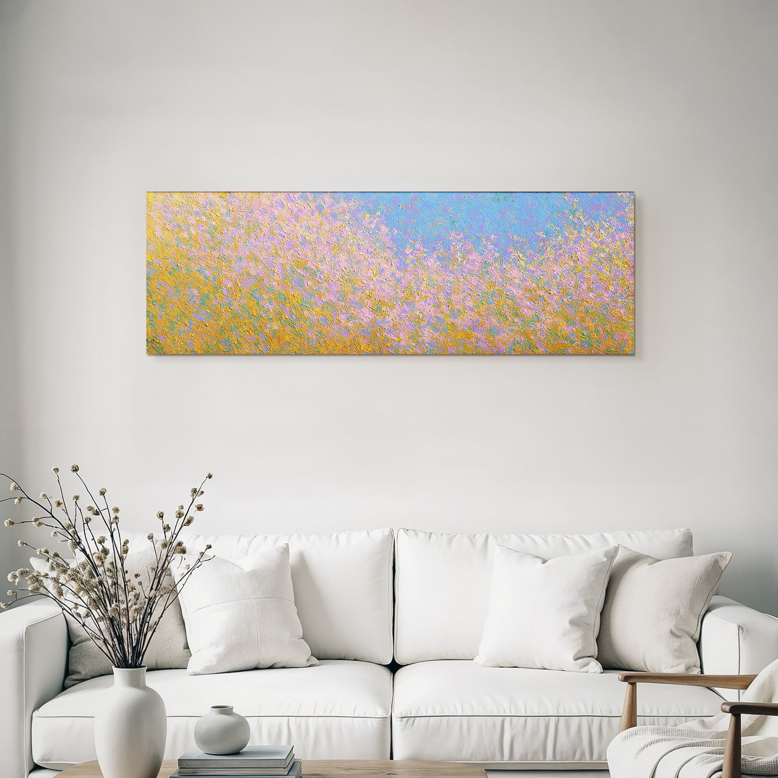 Abstraktes Gemälde In Pastellrosa Blau Und Gold