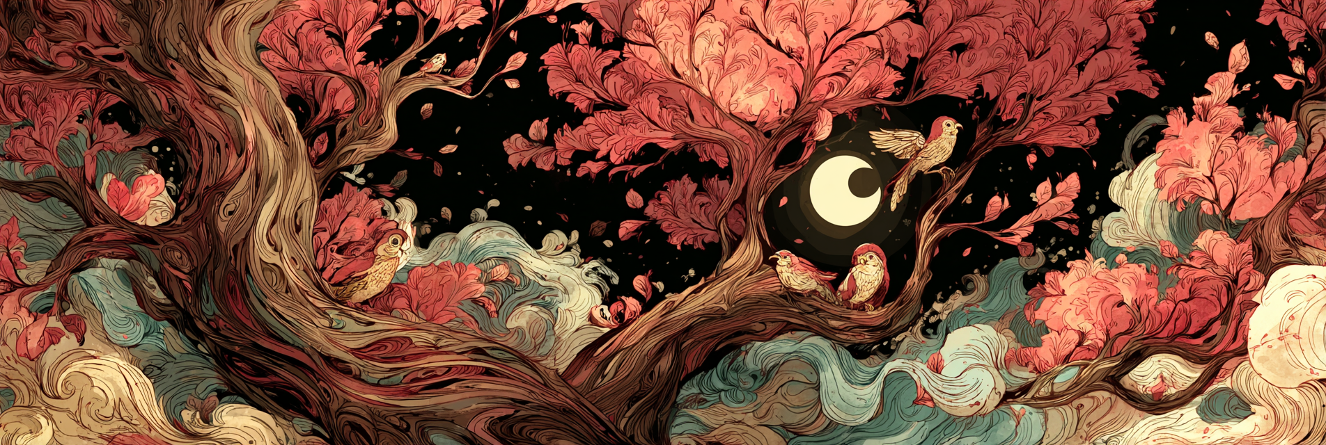 Baum Mit Rosa Blättern Und Vögeln Im Nachtlichen Sternenhimmel Mit Mond | Jugendstil | Stilrichtungen