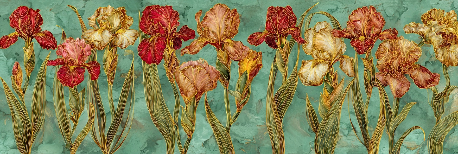 Bunte Irisblüten Auf Grünem Hintergrund | Jugendstil | Stilrichtungen