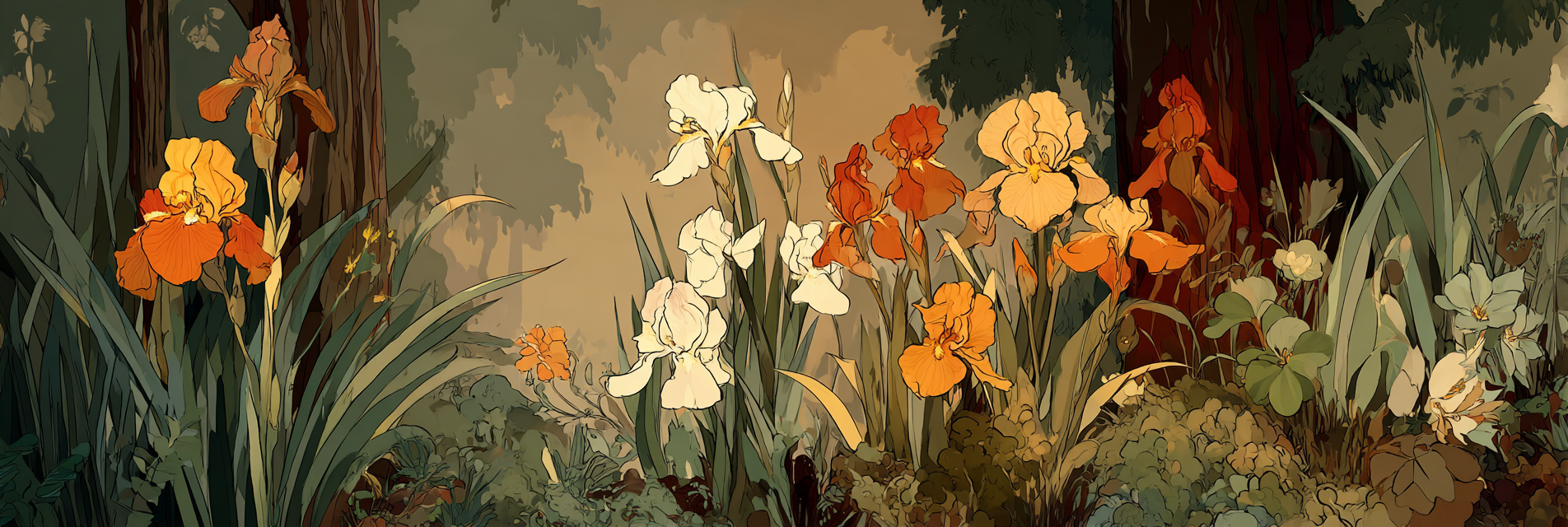 Bunte Irisblumen Illustration Auf Pastelligem Hintergrund | Jugendstil | Stilrichtungen