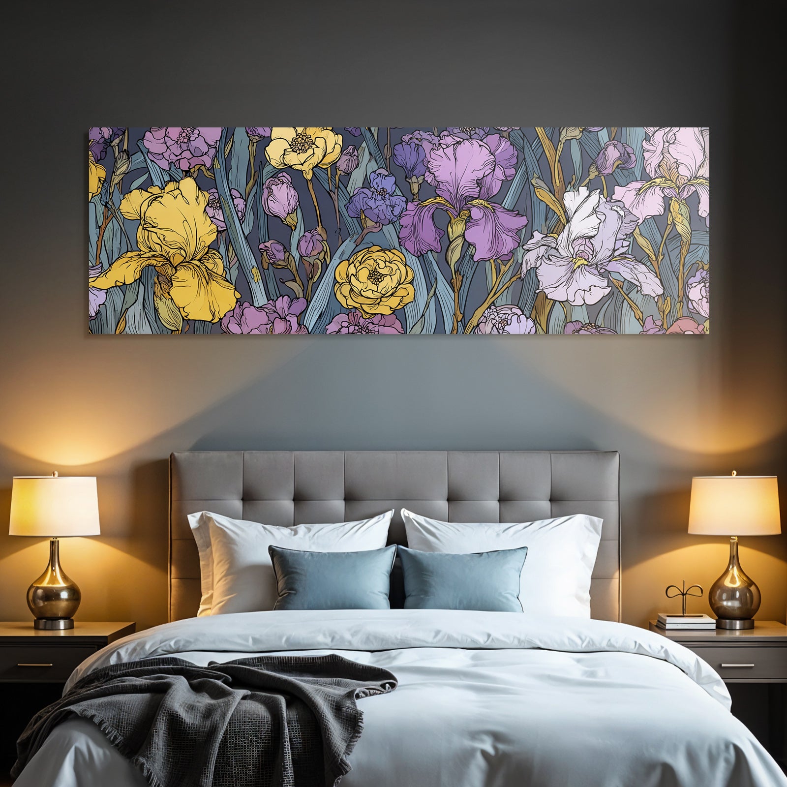 Buntes Florales Muster Mit Iris In Gelb Lila Und Pink