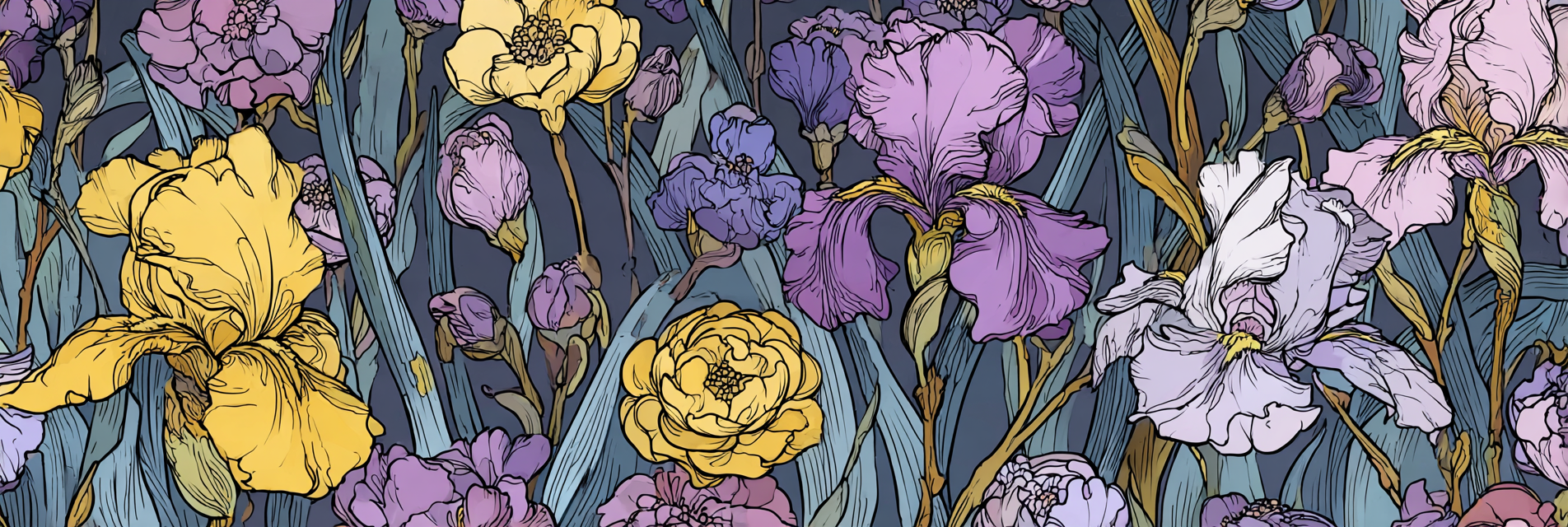 Buntes Florales Muster Mit Iris In Gelb Lila Und Pink | Jugendstil | Stilrichtungen