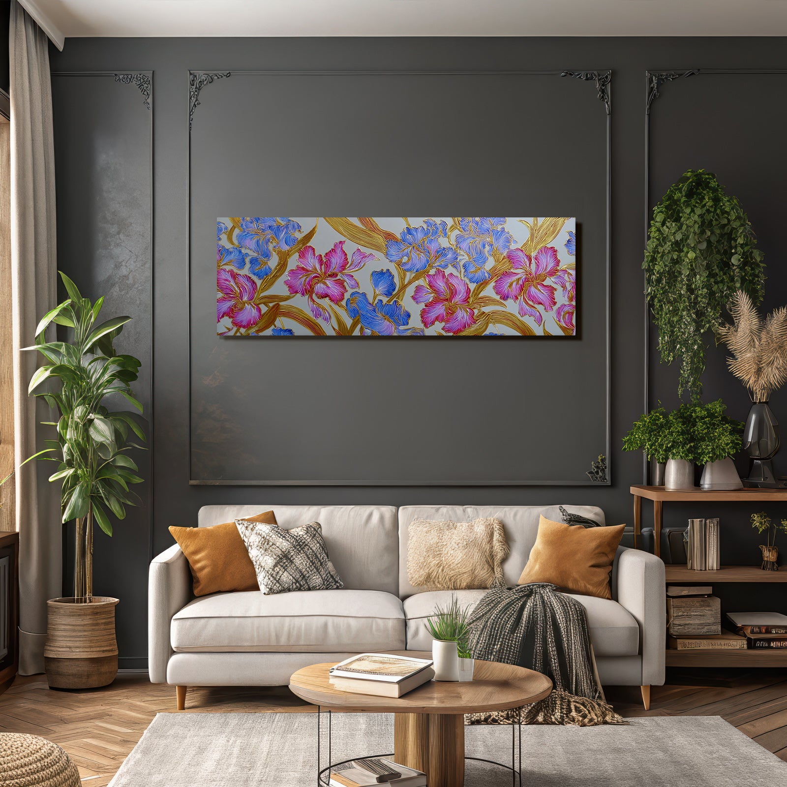 Dekoratives Blumenmuster In Blau Und Pink Mit Goldumrissen