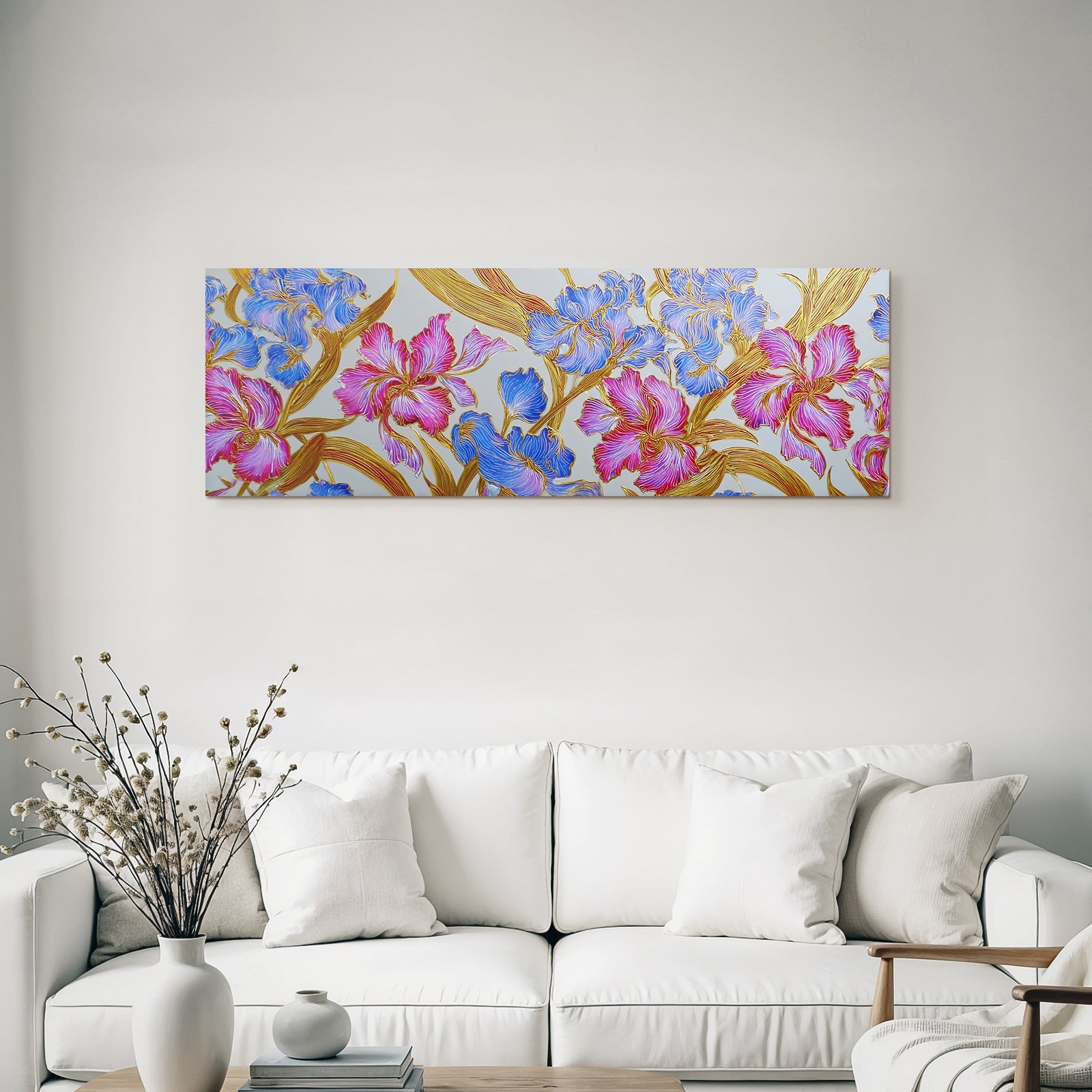 Dekoratives Blumenmuster In Blau Und Pink Mit Goldumrissen
