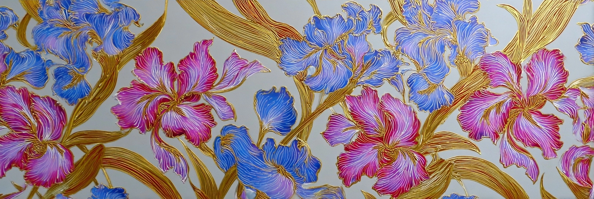 Dekoratives Blumenmuster In Blau Und Pink Mit Goldumrissen | Jugendstil | Stilrichtungen