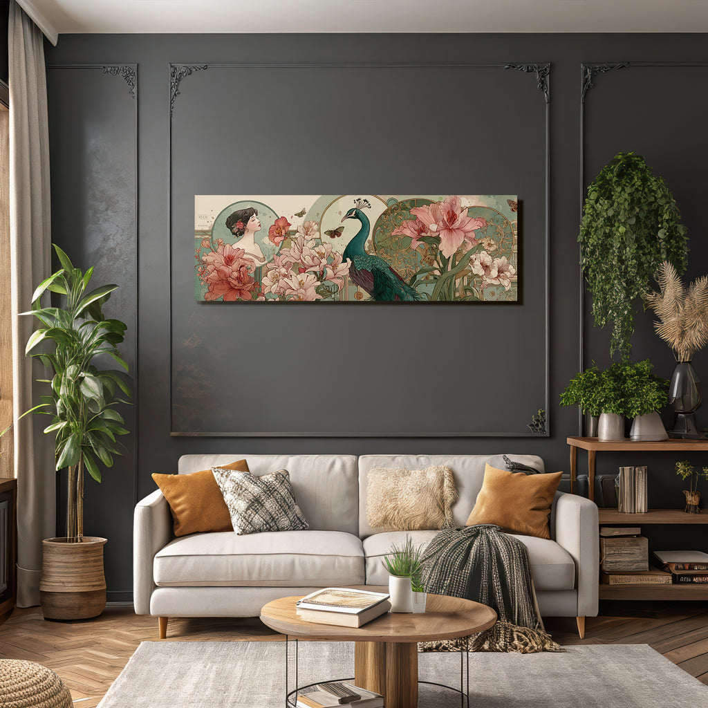 Elegante Frau Mit Pfau Blumen Und Schmetterlingen Im Art Nouveau Stil