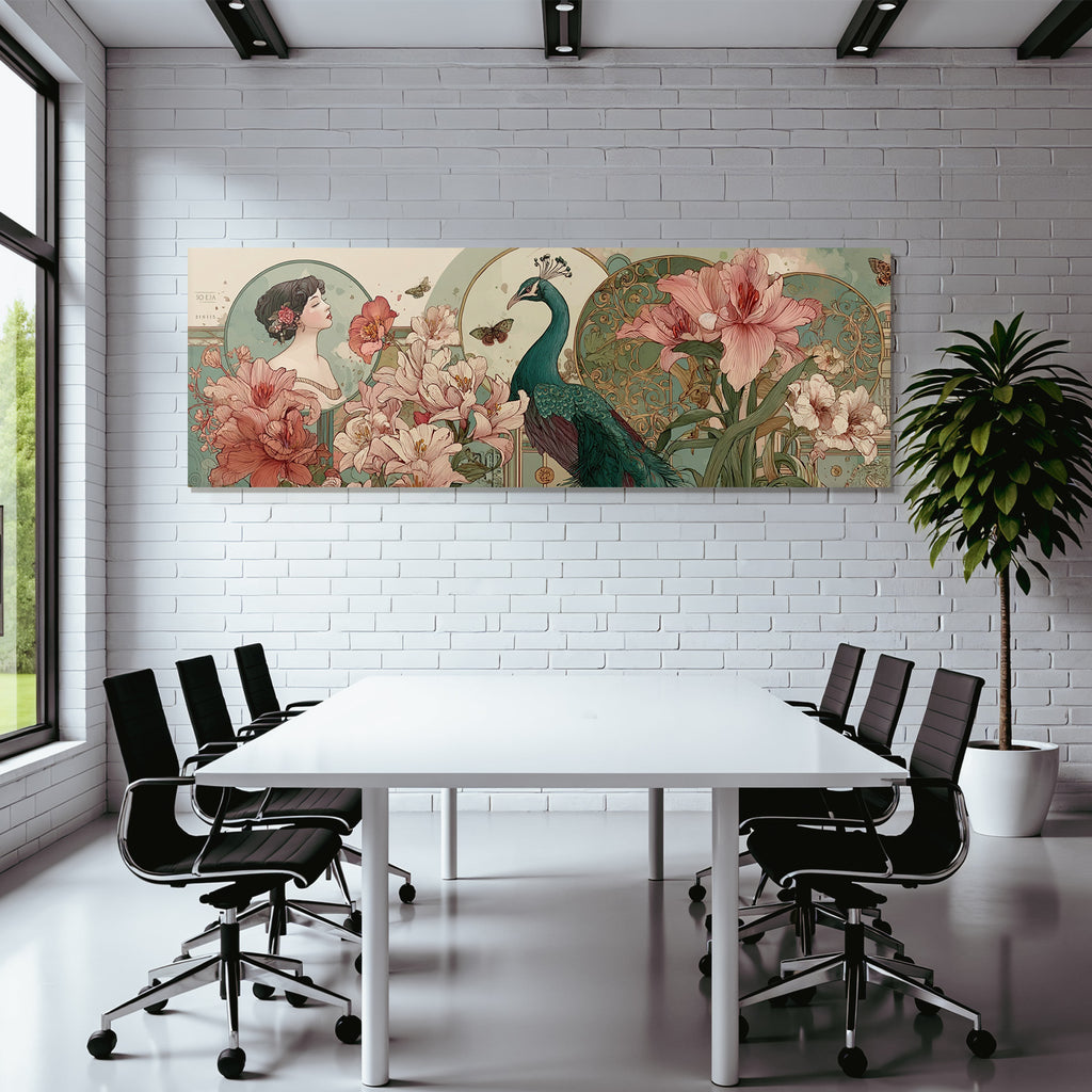 Elegante Frau Mit Pfau Blumen Und Schmetterlingen Im Art Nouveau Stil