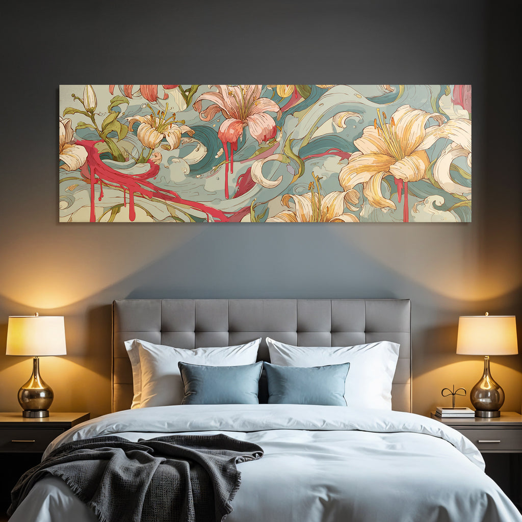 Florales Kunstwerk Mit Lilien Und Abstrakten Wellen