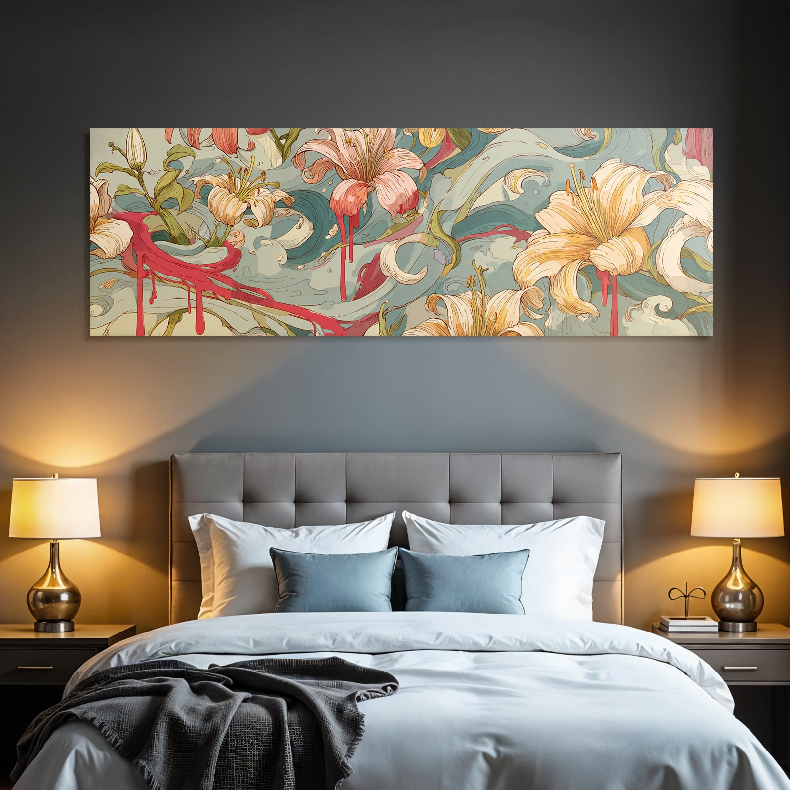 Florales Kunstwerk Mit Lilien Und Abstrakten Wellen