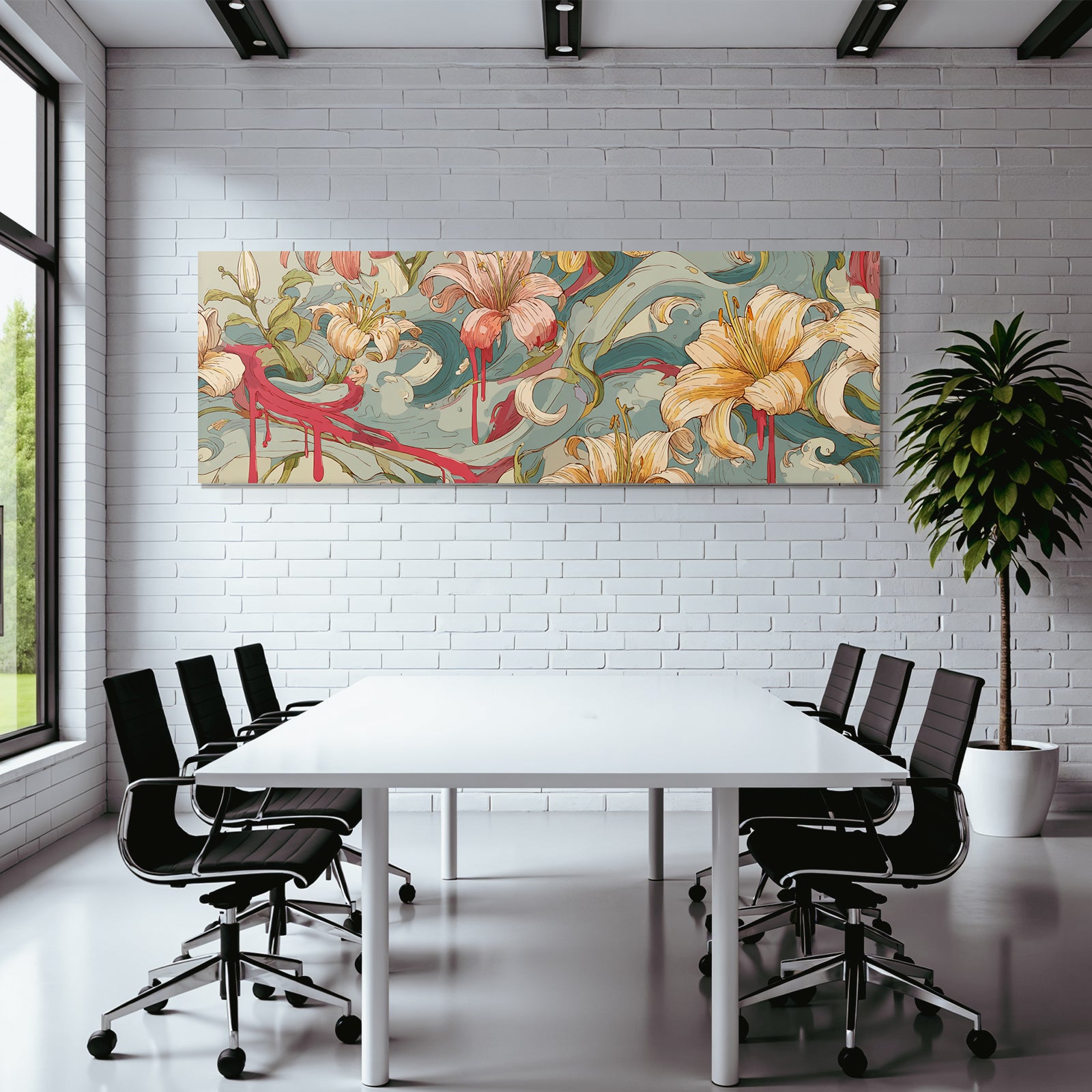 Florales Kunstwerk Mit Lilien Und Abstrakten Wellen