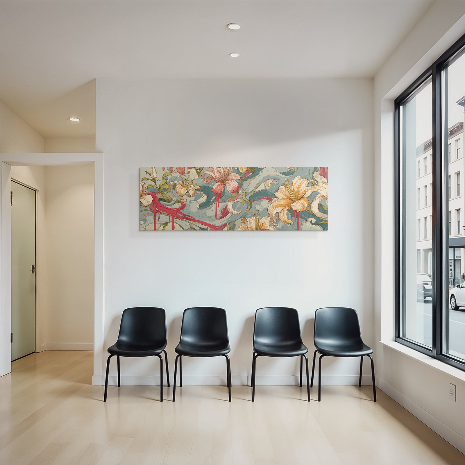 Florales Kunstwerk Mit Lilien Und Abstrakten Wellen