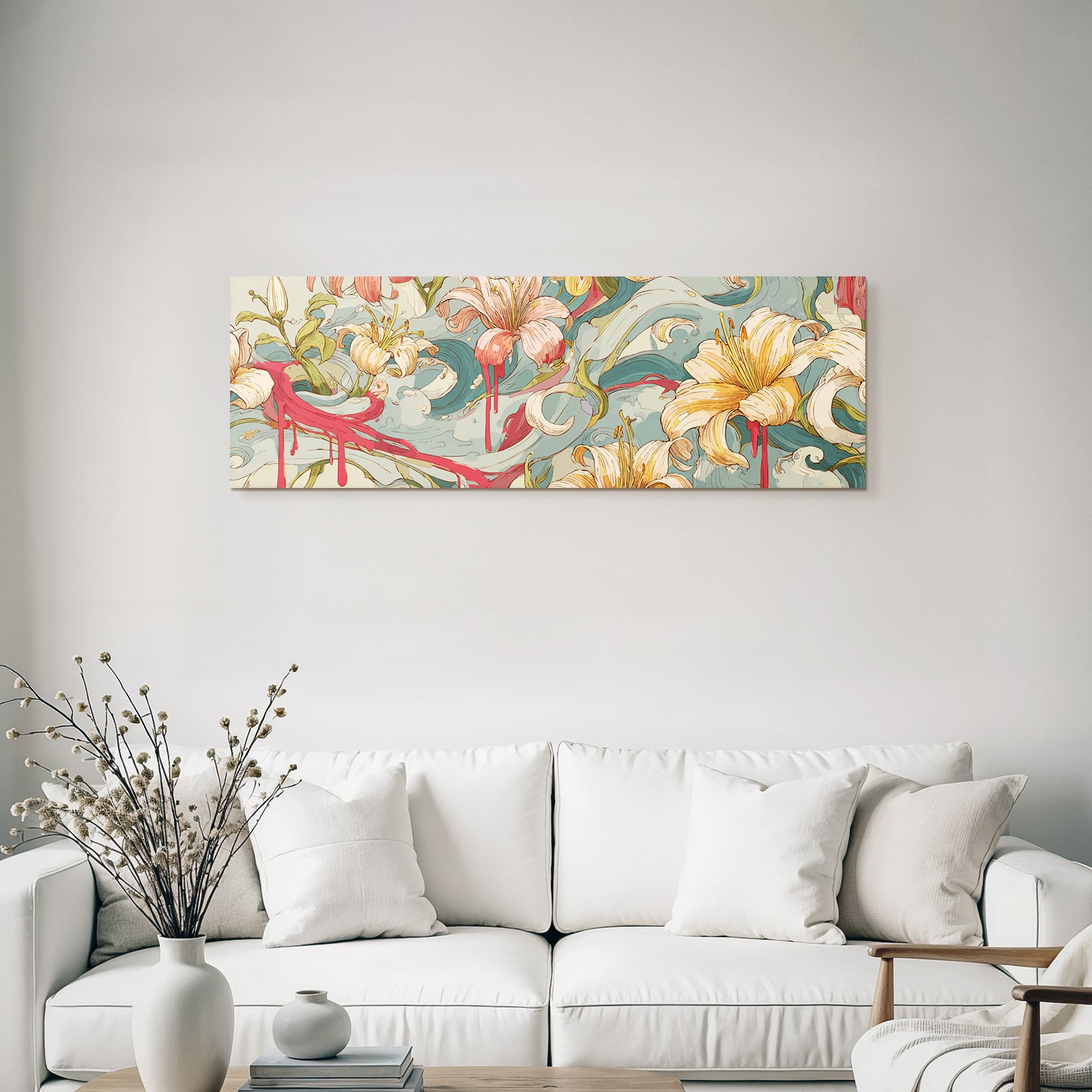 Florales Kunstwerk Mit Lilien Und Abstrakten Wellen