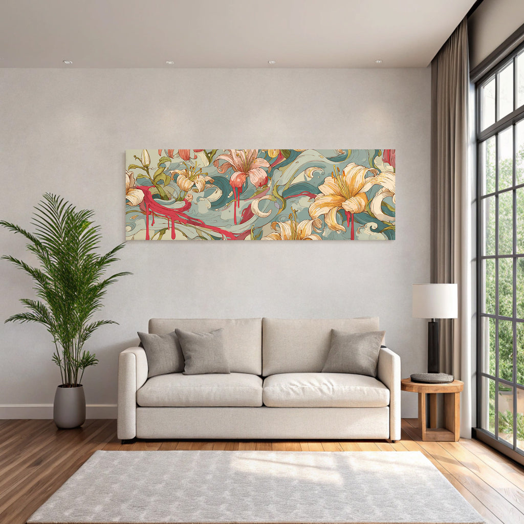 Florales Kunstwerk Mit Lilien Und Abstrakten Wellen
