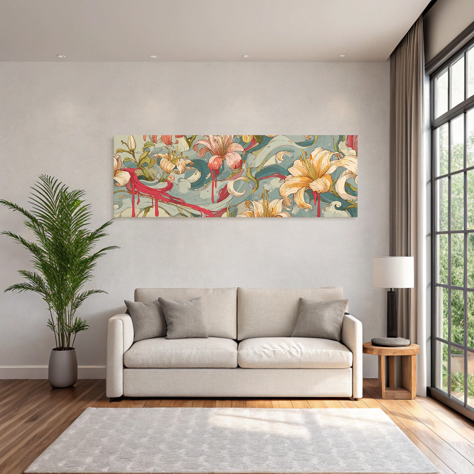 Florales Kunstwerk Mit Lilien Und Abstrakten Wellen