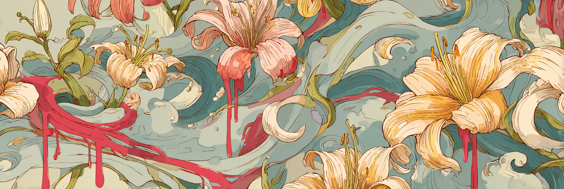 Florales Kunstwerk Mit Lilien Und Abstrakten Wellen | Jugendstil | Stilrichtungen