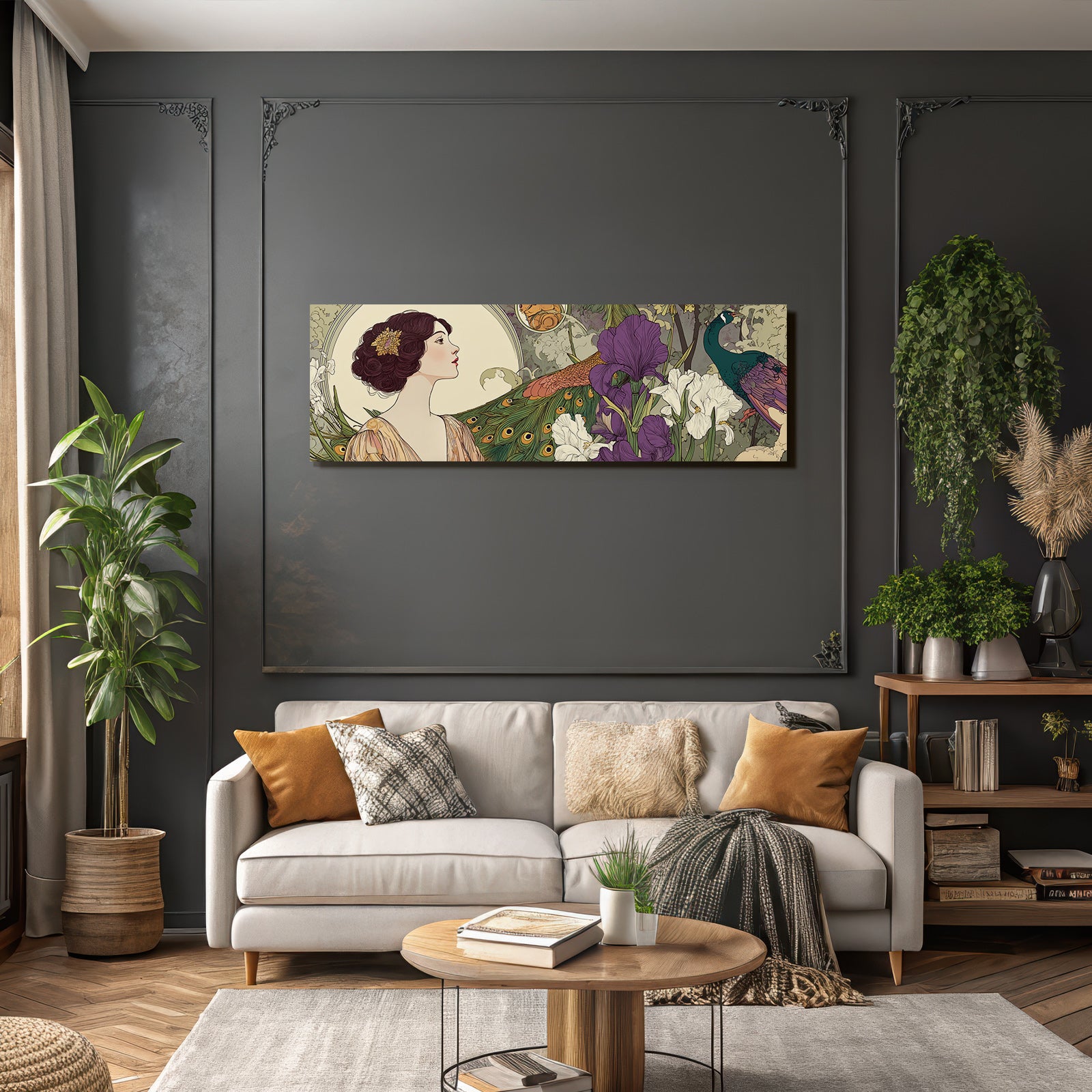 Frau Im Mit Pfaünfedern Und Irisblumen