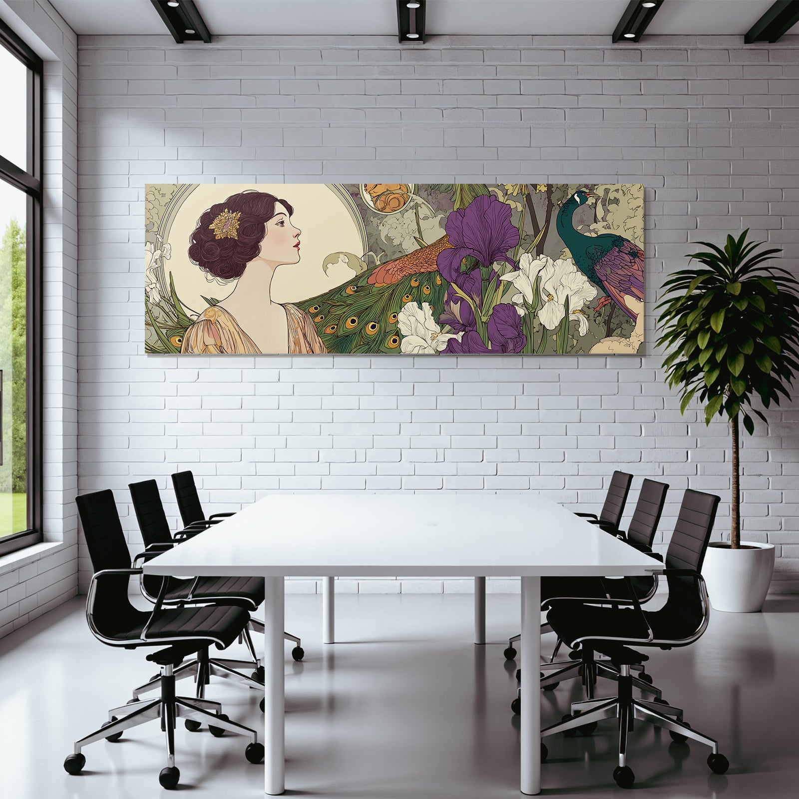 Frau Im Mit Pfaünfedern Und Irisblumen