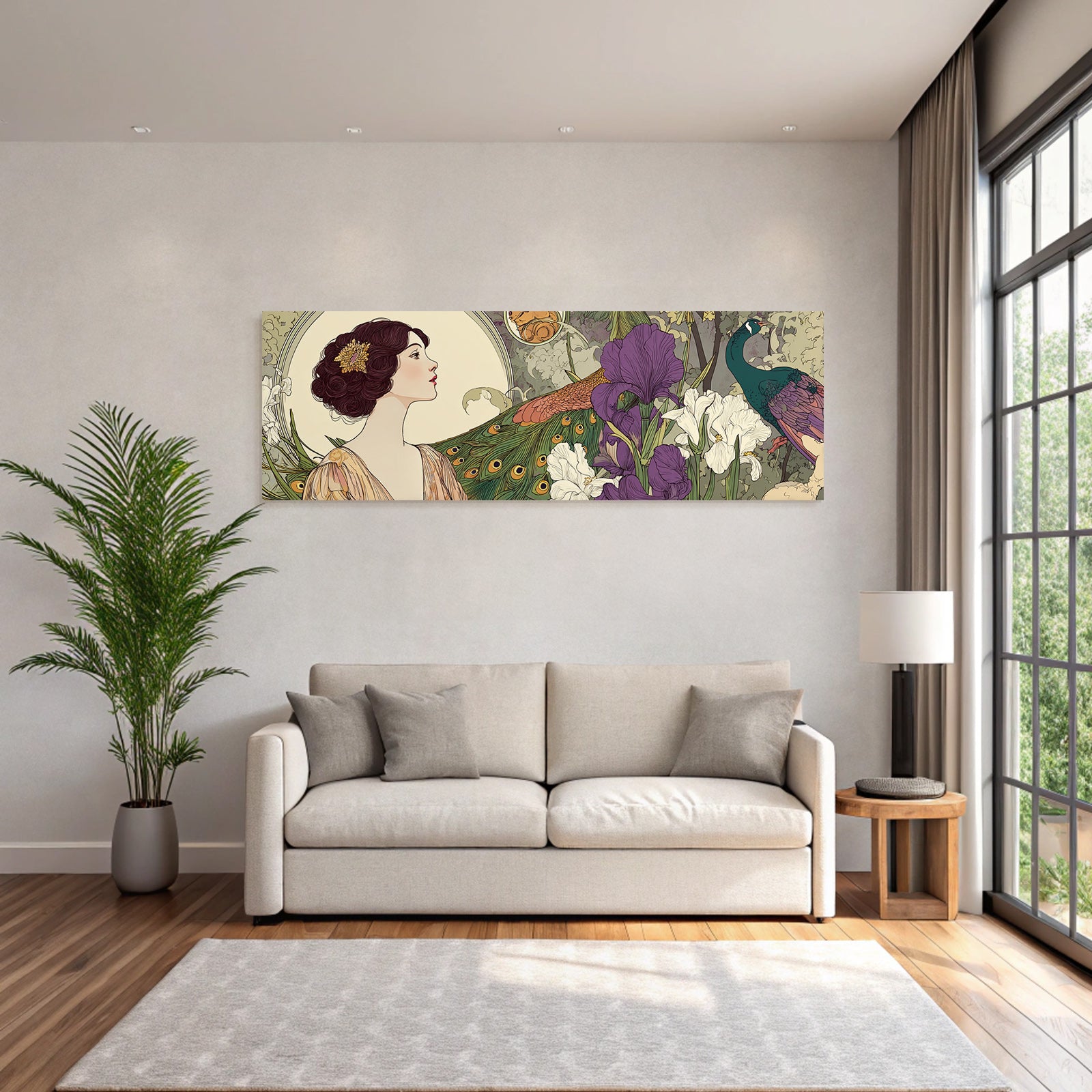 Frau Im Mit Pfaünfedern Und Irisblumen