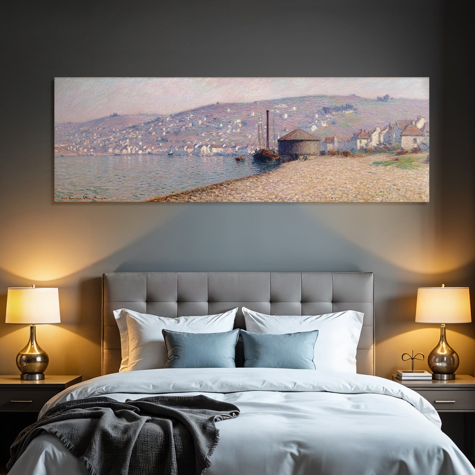 Impressionistische Küstenszene Mit Dorf Am Strandufer