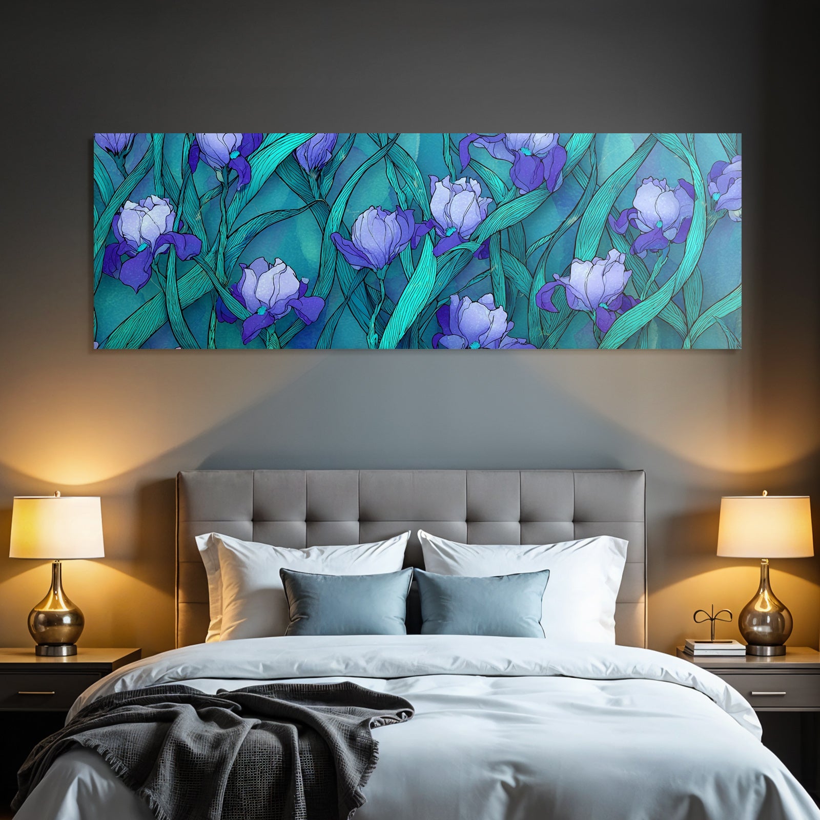 Irisblumen Mit Grünen Blättern Auf Blaüm Verlaufshintergrund