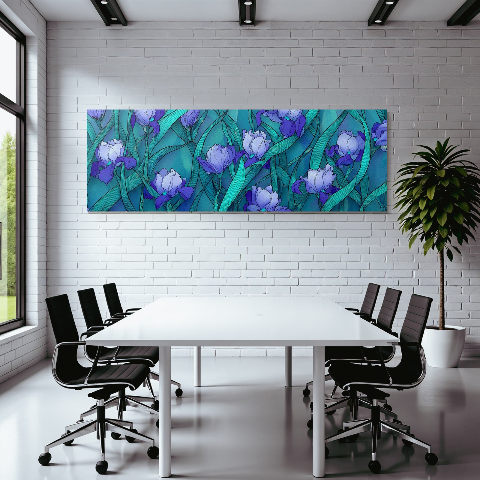 Irisblumen Mit Grünen Blättern Auf Blaüm Verlaufshintergrund