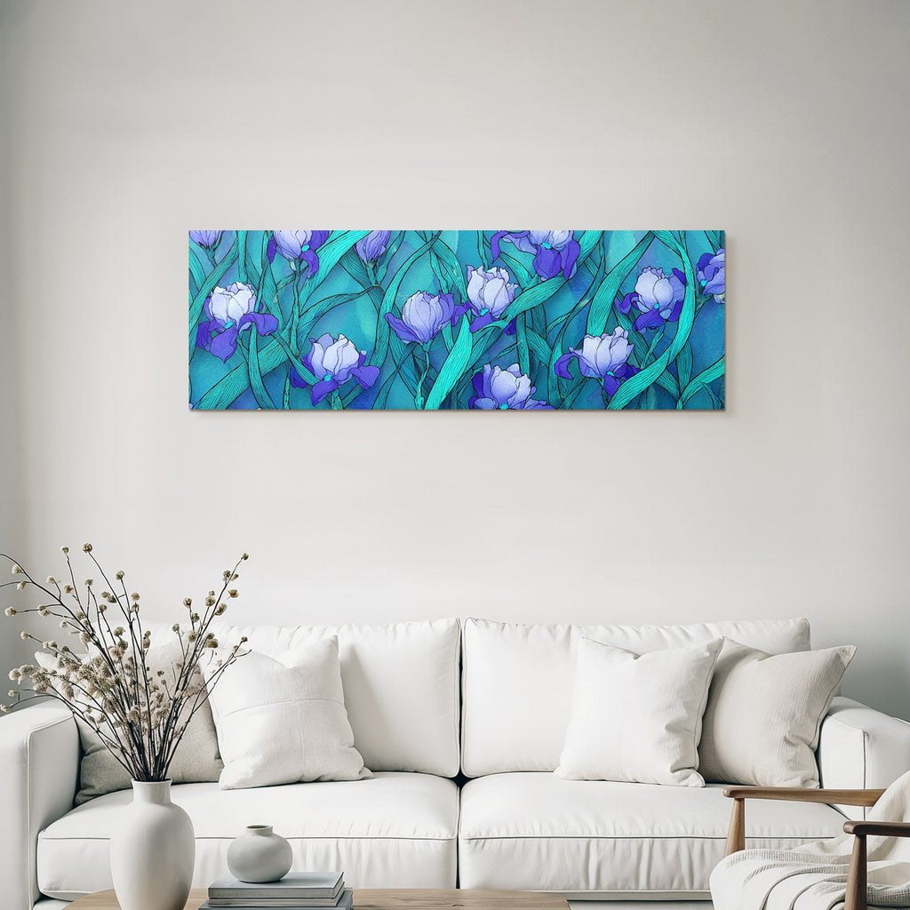 Irisblumen Mit Grünen Blättern Auf Blaüm Verlaufshintergrund
