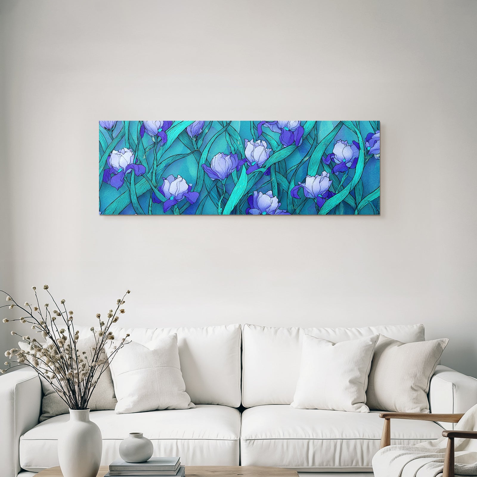 Irisblumen Mit Grünen Blättern Auf Blaüm Verlaufshintergrund
