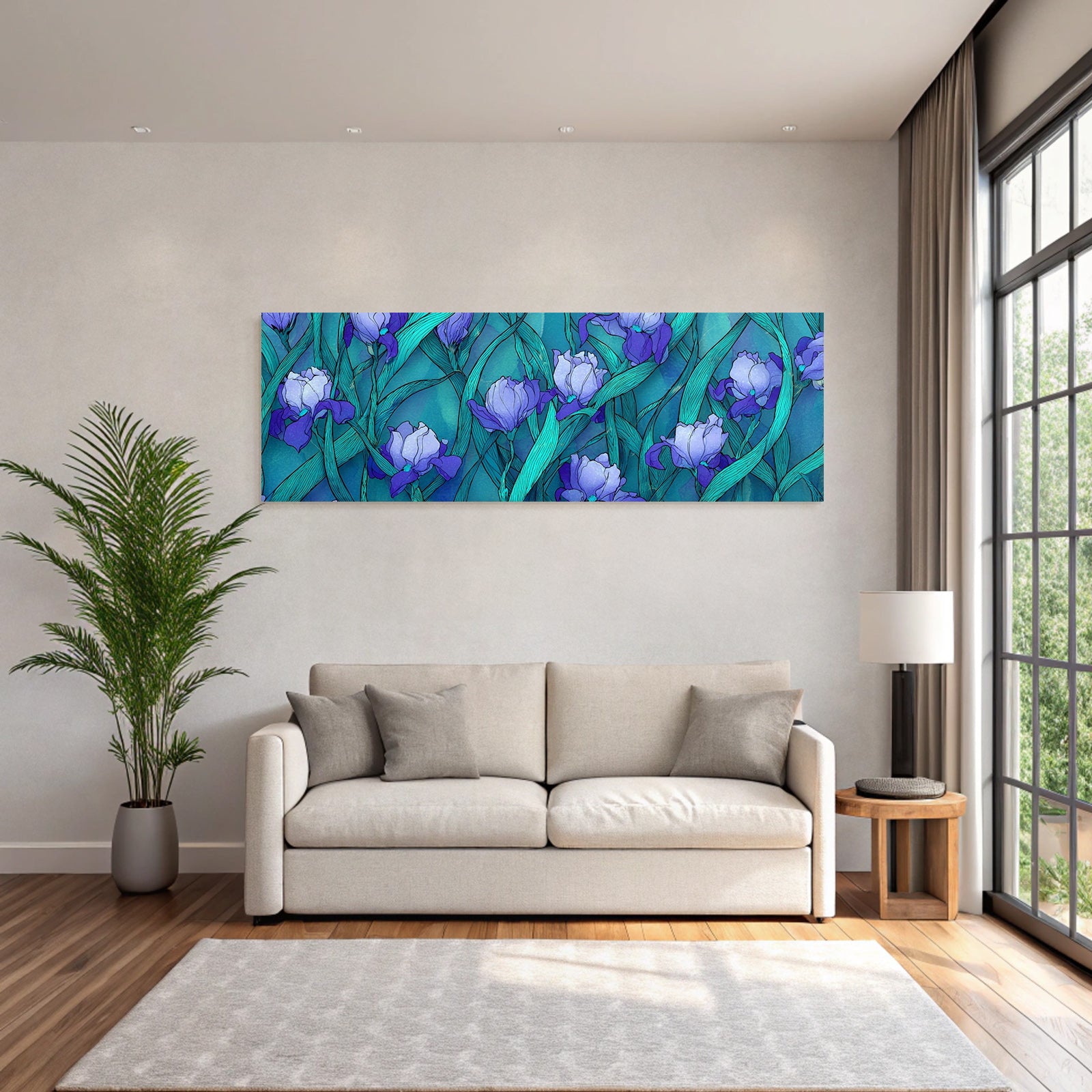 Irisblumen Mit Grünen Blättern Auf Blaüm Verlaufshintergrund