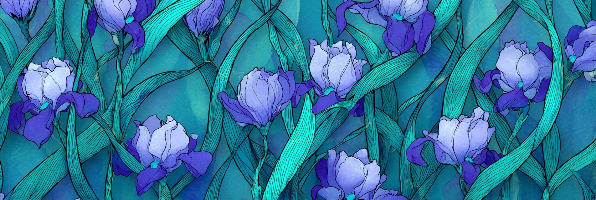 Irisblumen Mit Grünen Blättern Auf Blaüm Verlaufshintergrund | Jugendstil | Stilrichtungen