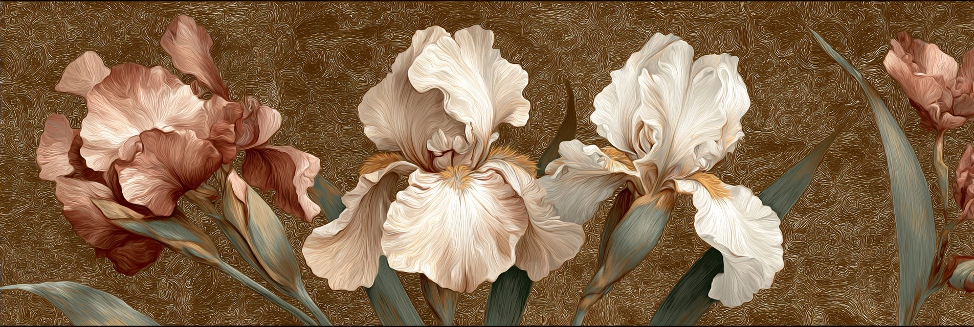 Irisse In Pfirsich Und Creme Vor Goldtexturiertem Hintergrund | Jugendstil | Stilrichtungen