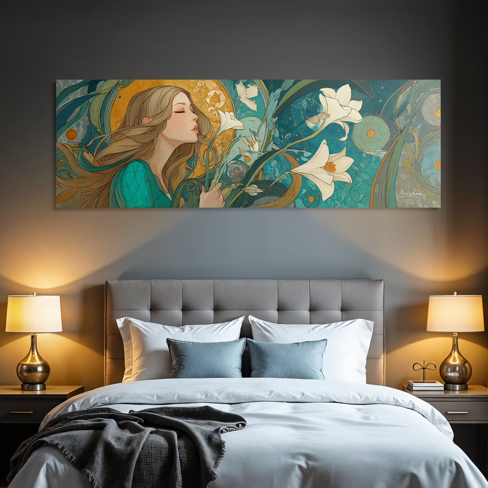 Junge Frau Mit Bunten Blumen Und Naturmotiv