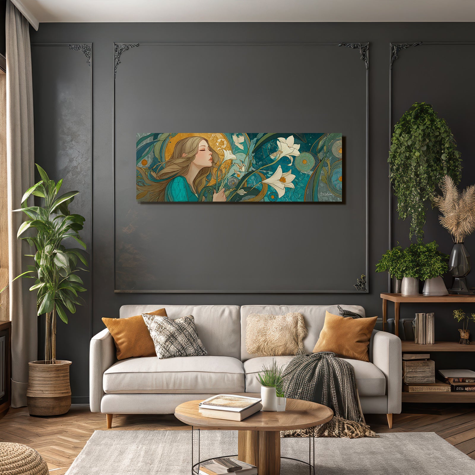 Junge Frau Mit Bunten Blumen Und Naturmotiv