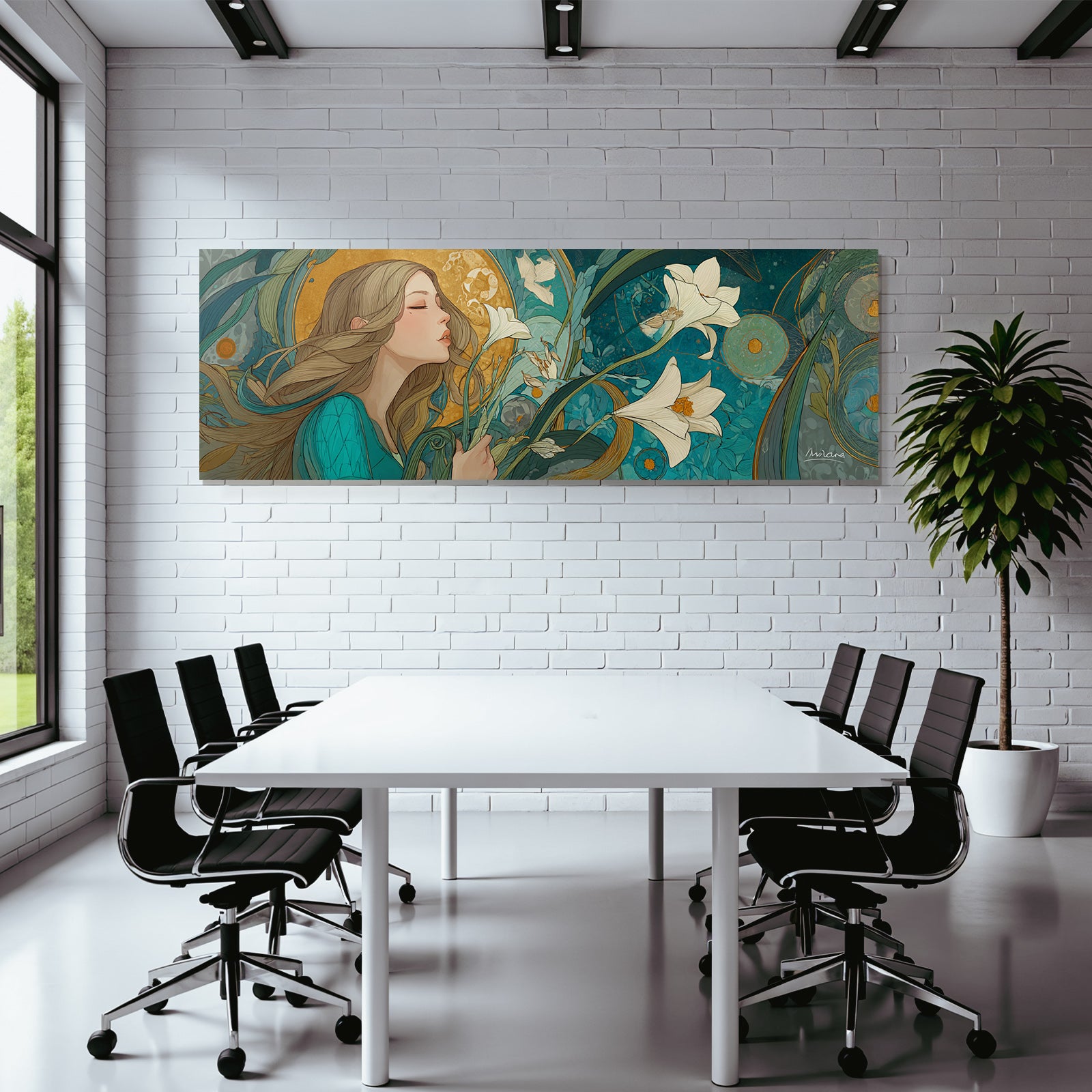 Junge Frau Mit Bunten Blumen Und Naturmotiv