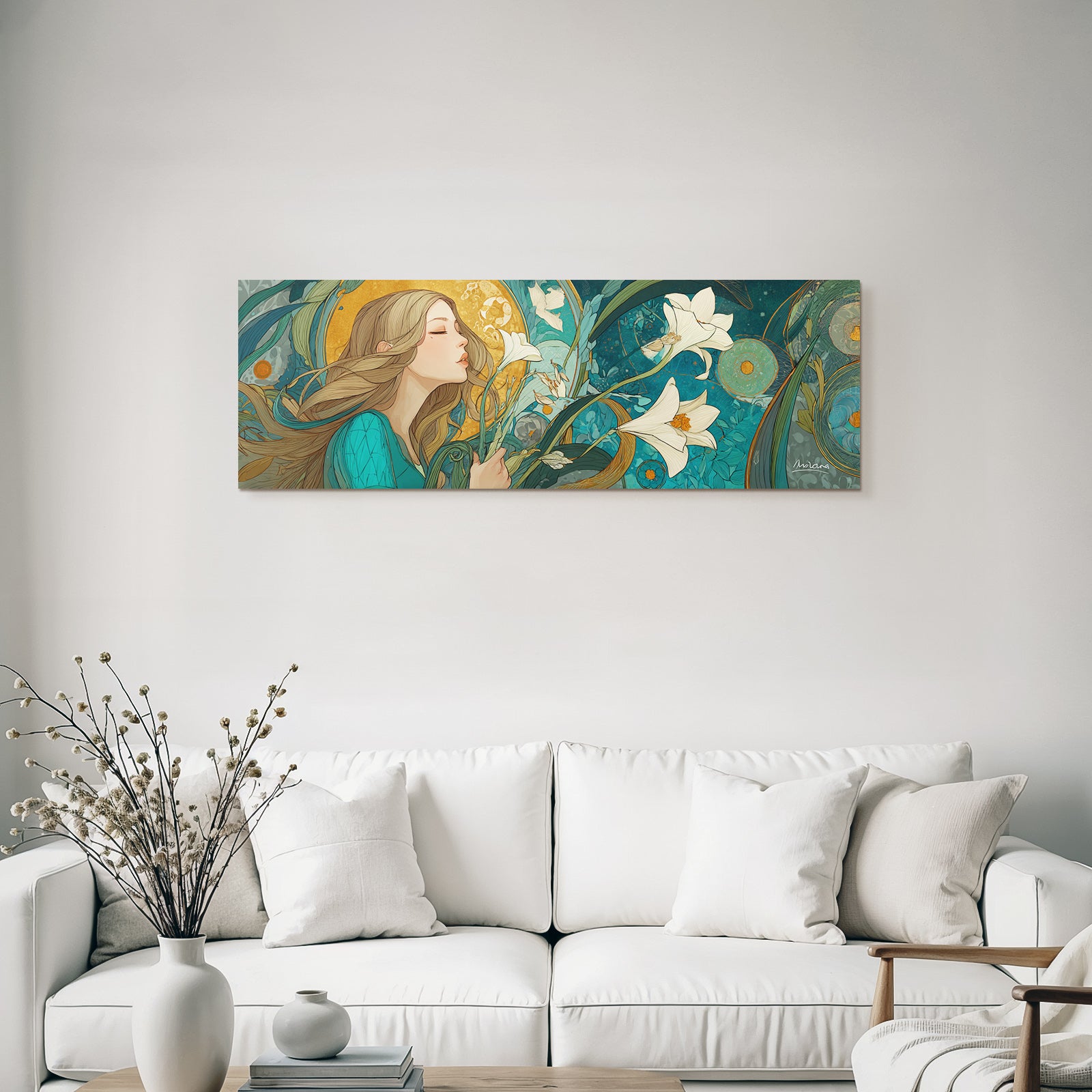 Junge Frau Mit Bunten Blumen Und Naturmotiv