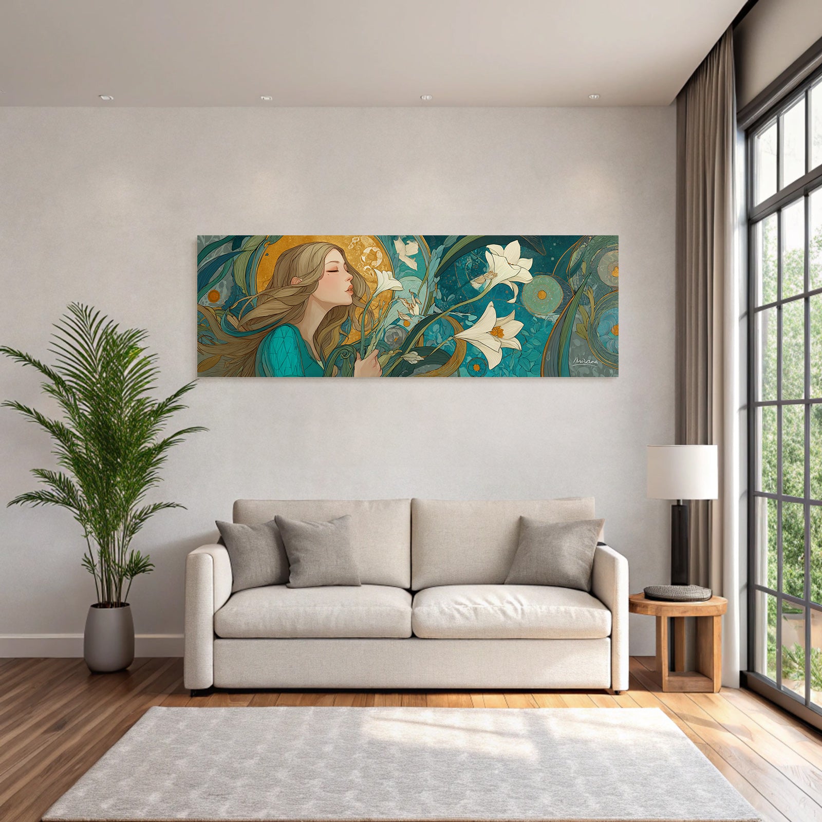 Junge Frau Mit Bunten Blumen Und Naturmotiv