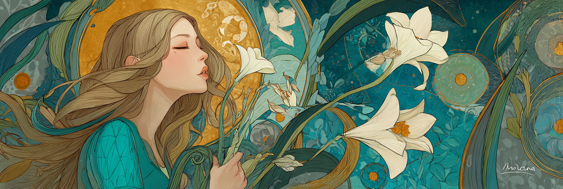 Junge Frau Mit Bunten Blumen Und Naturmotiv | Jugendstil | Stilrichtungen