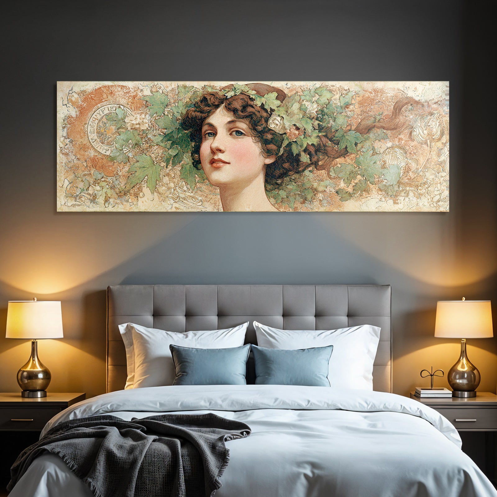 Junge Frau Mit Fliessendem Haar Und Blumenkopfschmuck Im Art Nouveau Stil