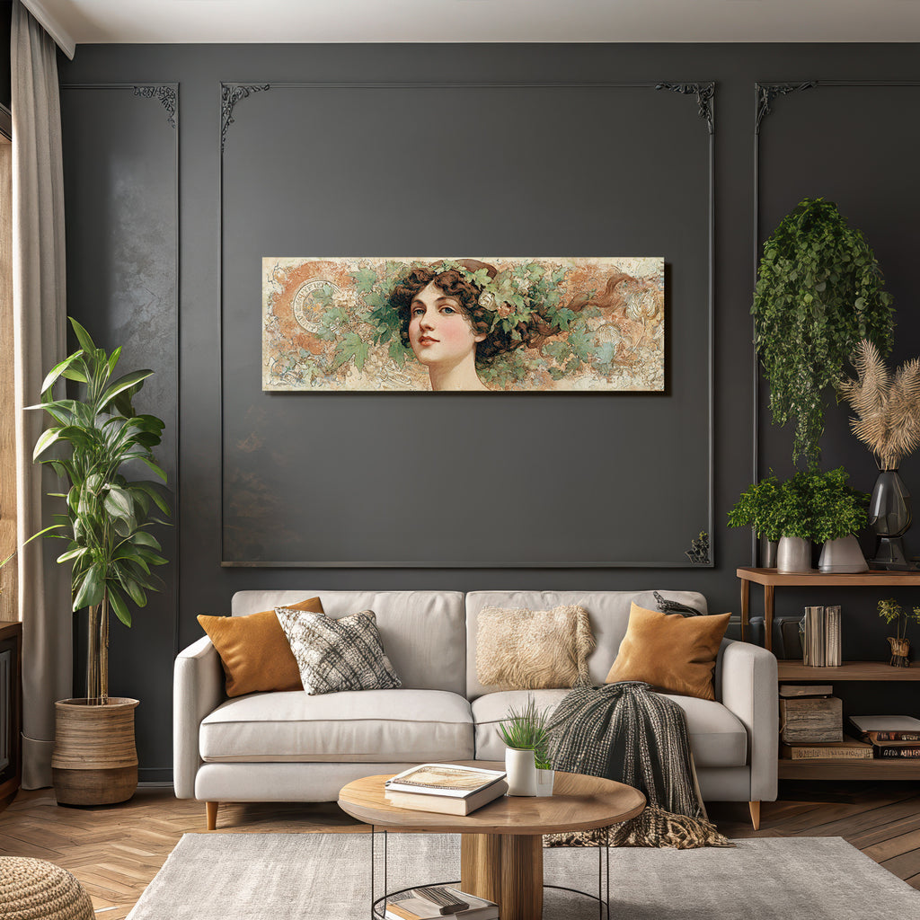 Junge Frau Mit Fliessendem Haar Und Blumenkopfschmuck Im Art Nouveau Stil