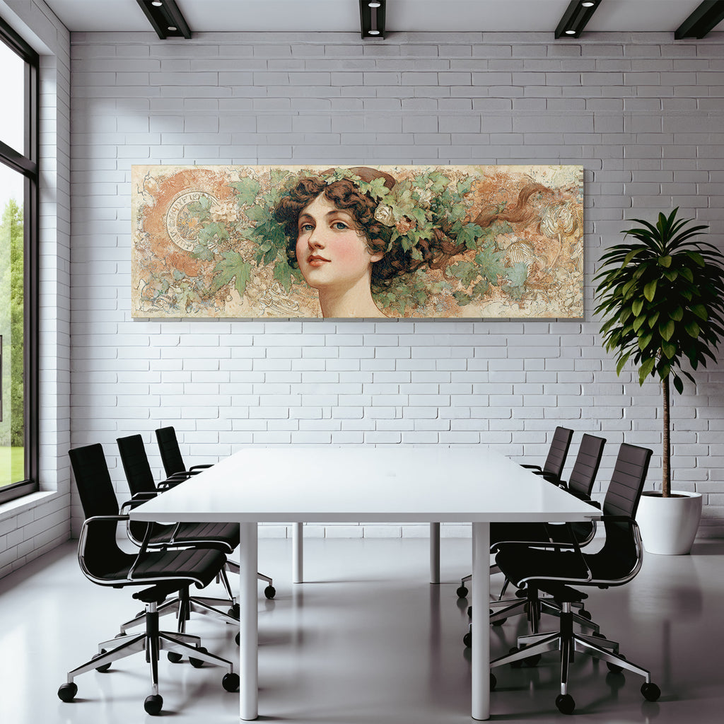 Junge Frau Mit Fliessendem Haar Und Blumenkopfschmuck Im Art Nouveau Stil