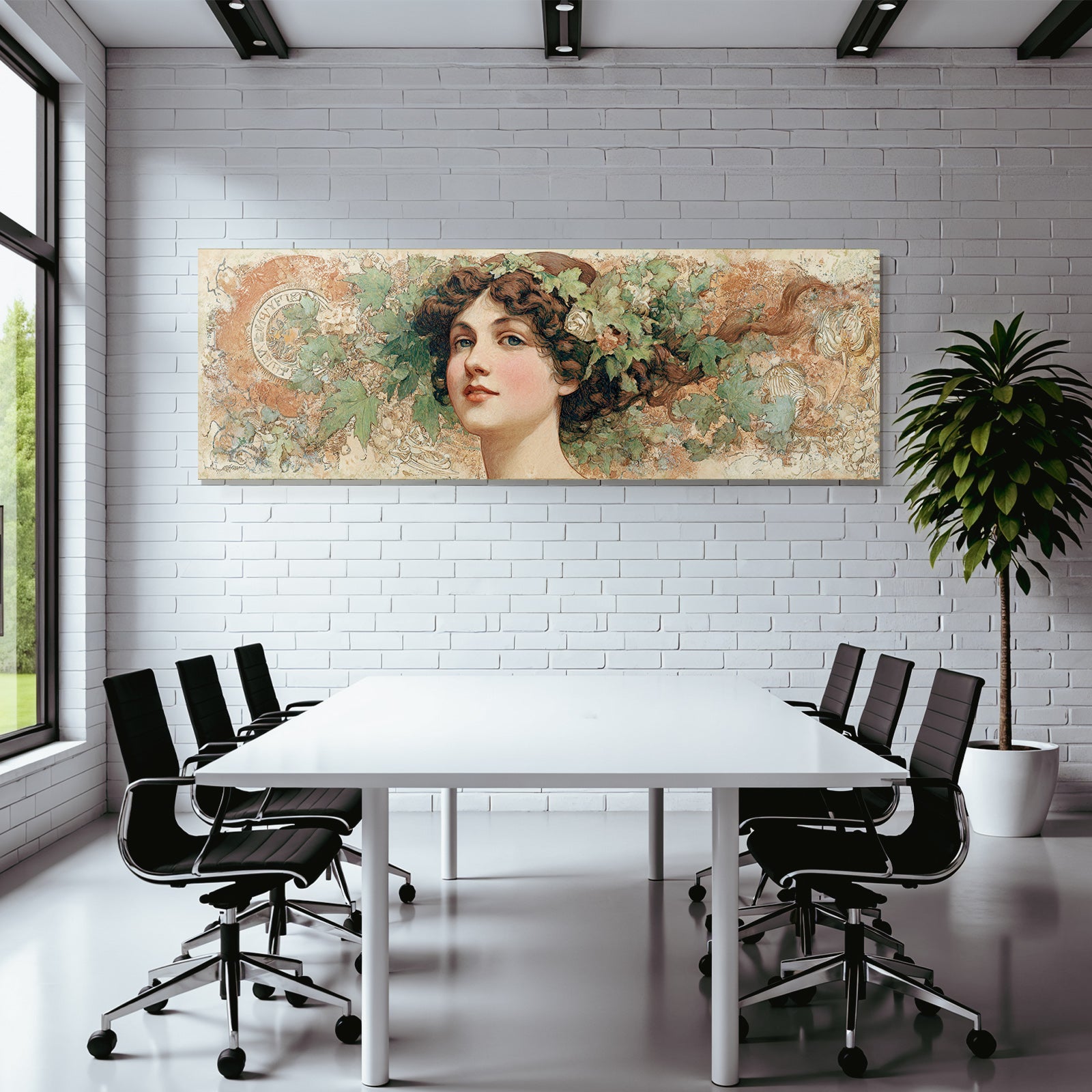 Junge Frau Mit Fliessendem Haar Und Blumenkopfschmuck Im Art Nouveau Stil