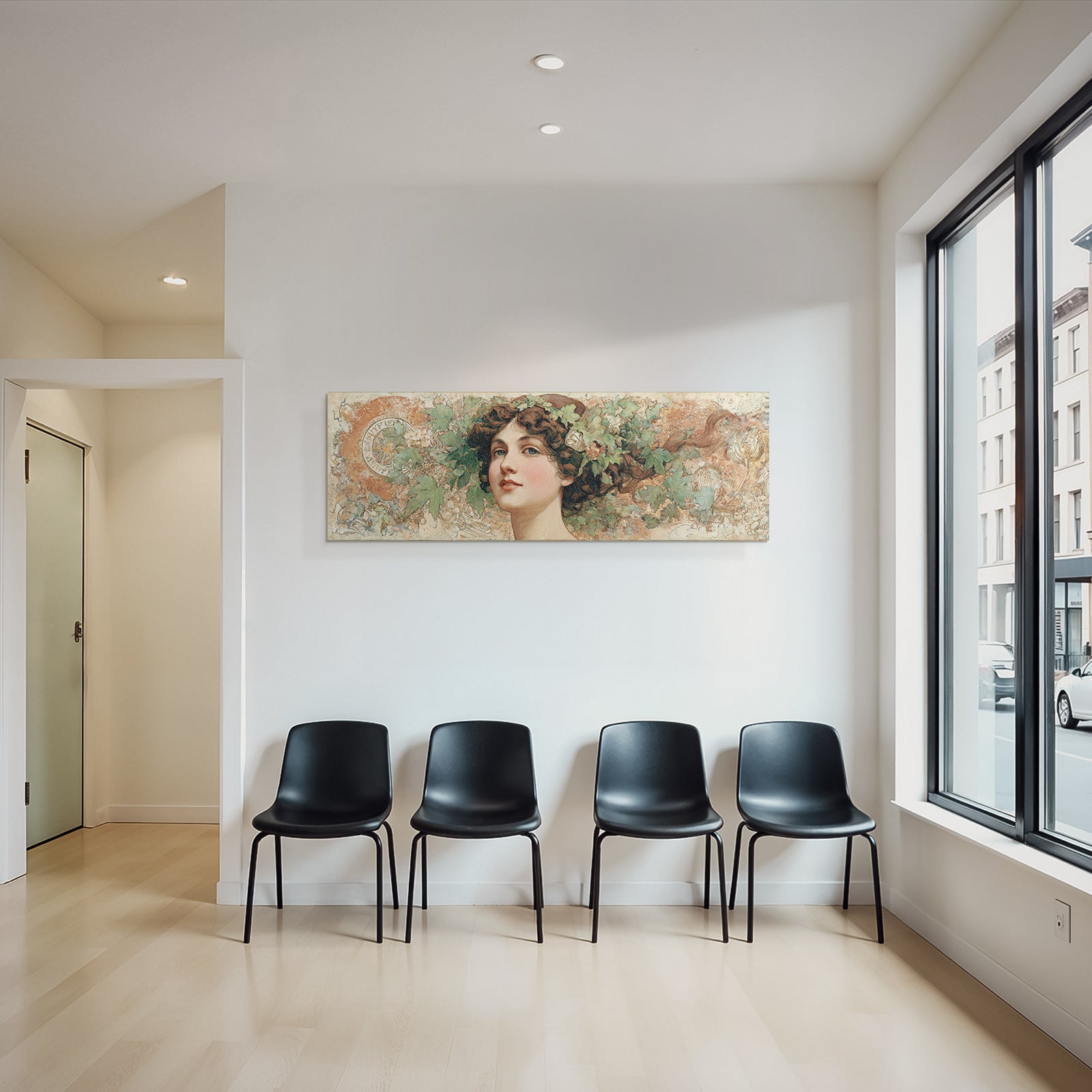 Junge Frau Mit Fliessendem Haar Und Blumenkopfschmuck Im Art Nouveau Stil