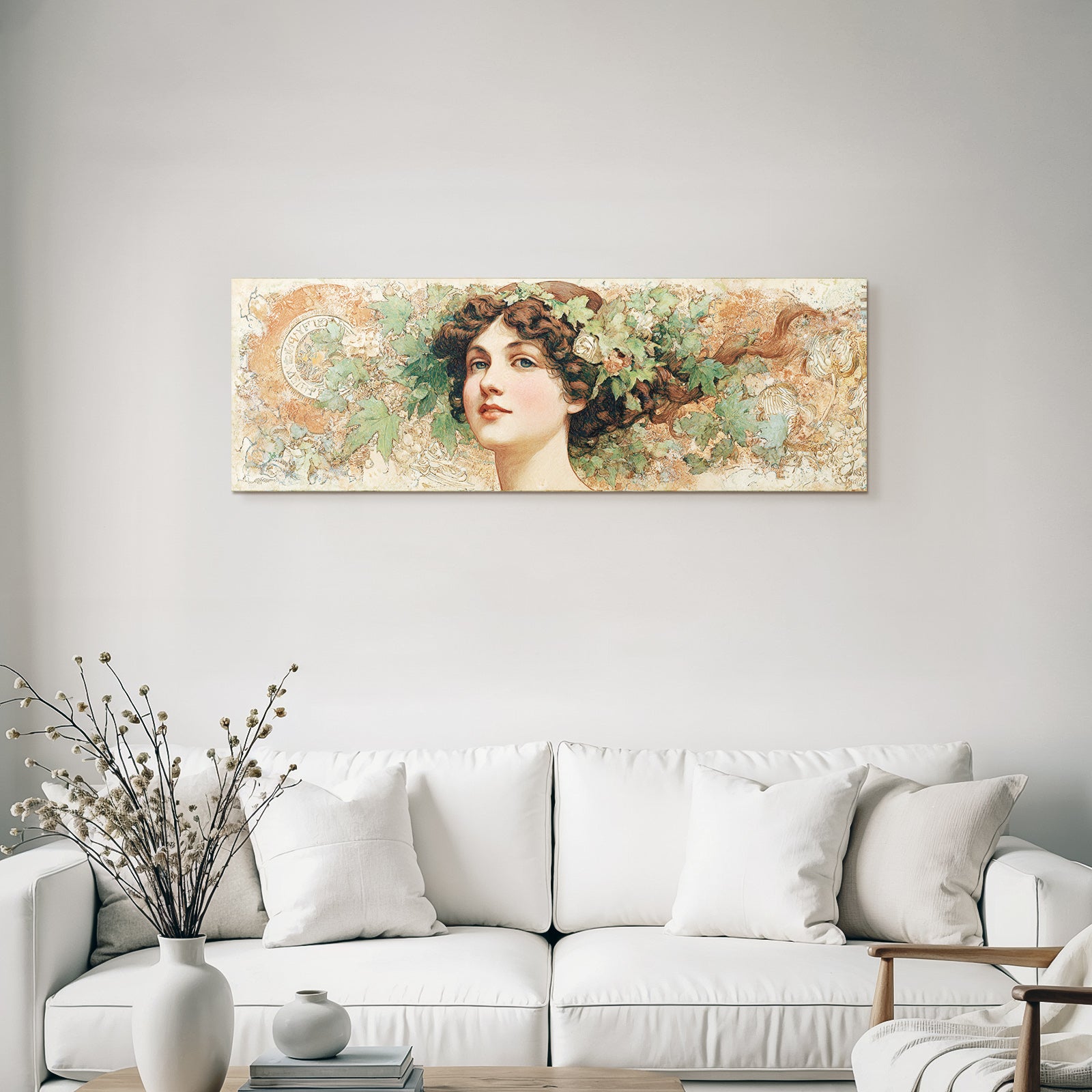 Junge Frau Mit Fliessendem Haar Und Blumenkopfschmuck Im Art Nouveau Stil