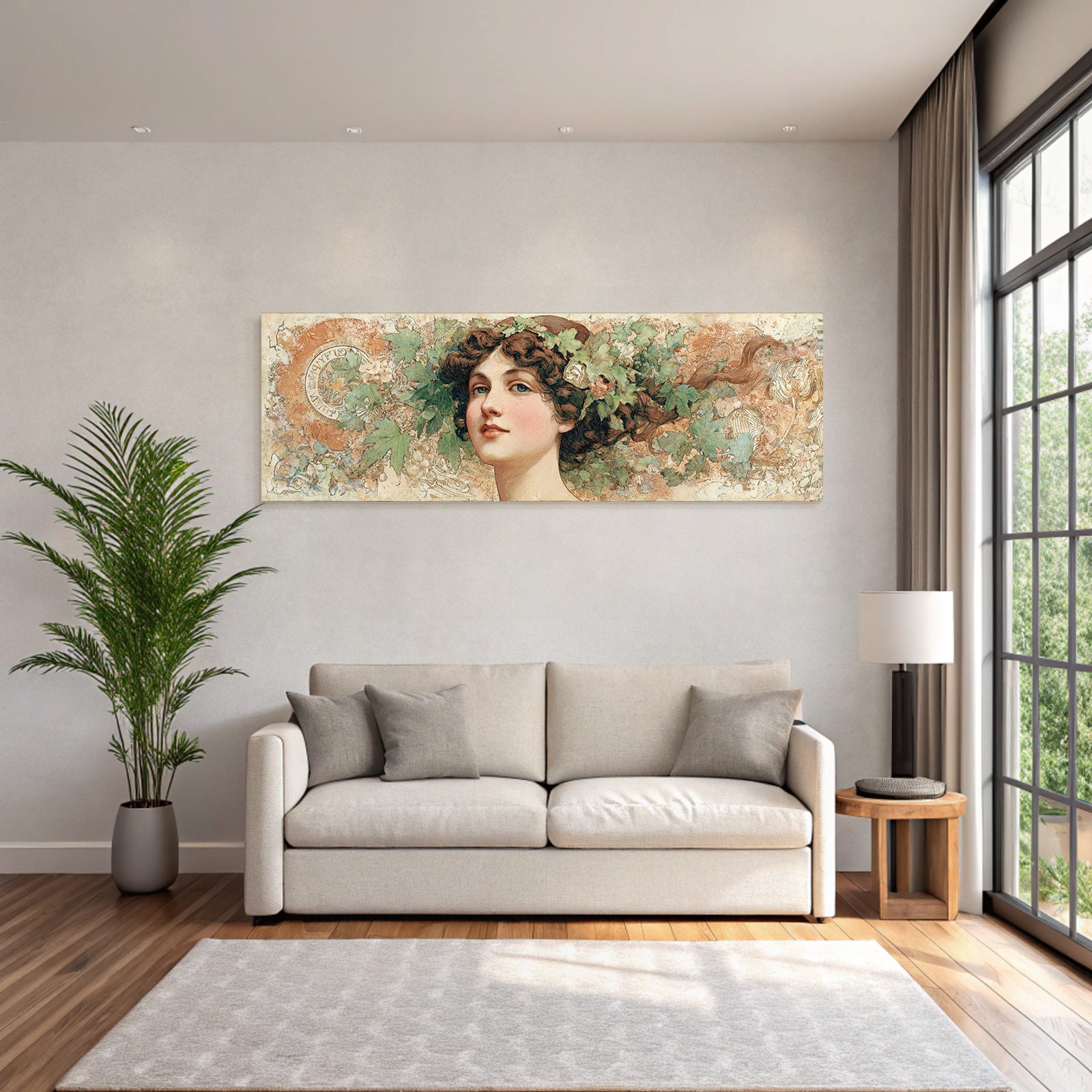 Junge Frau Mit Fliessendem Haar Und Blumenkopfschmuck Im Art Nouveau Stil