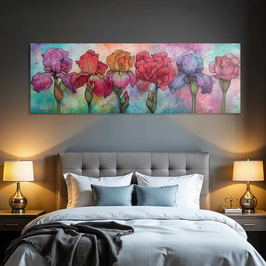 Kunstvolle Florale Illustration Mit Irisblumen Und Rosen