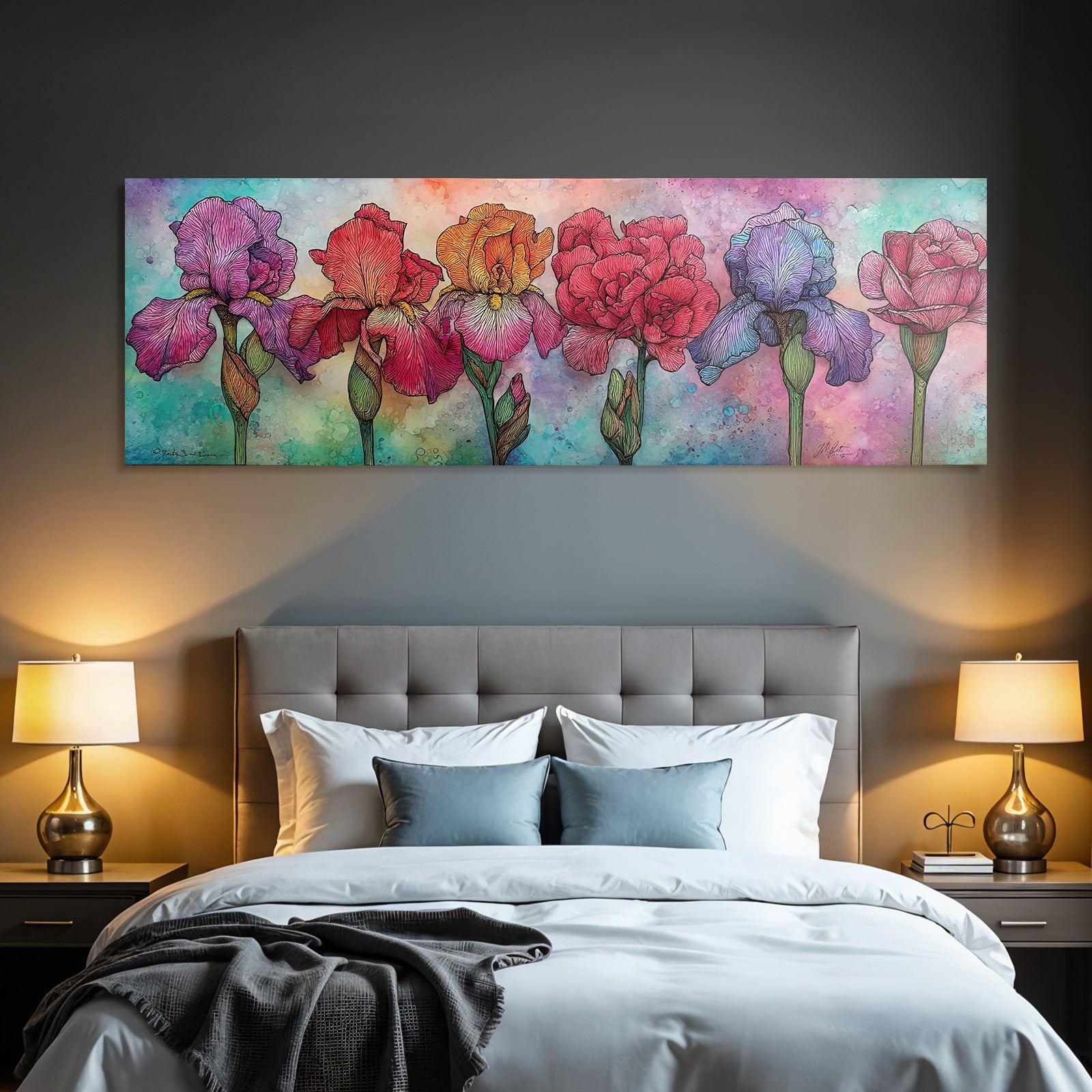 Kunstvolle Florale Illustration Mit Irisblumen Und Rosen